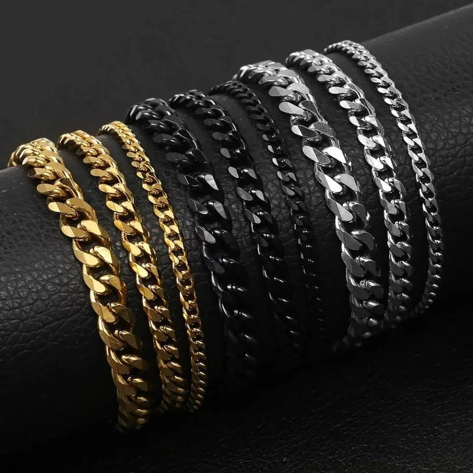 Men's Bracelets Stainless Steel Curb Cuban Link Chain Silver Color Black Gold Bracelet Men Women Jewelry JettsJewelers