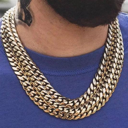 Miami Cuban Link Chain 14K REAL Gold Plated Hypoallergenic Hip Hop Jewelry Premium Stainless Steel Necklace For Men Women - JettsJewelers