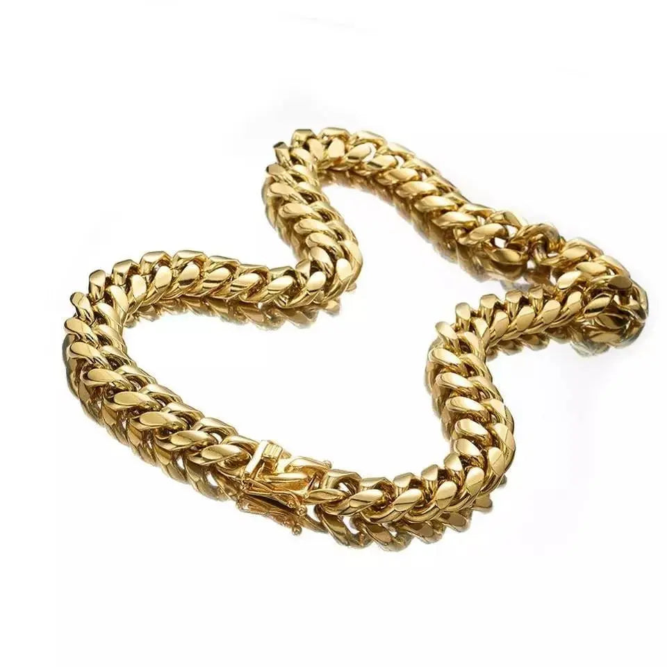 Miami Cuban Link Chain 14K REAL Gold Plated Hypoallergenic Hip Hop Jewelry Premium Stainless Steel Necklace For Men Women - JettsJewelers
