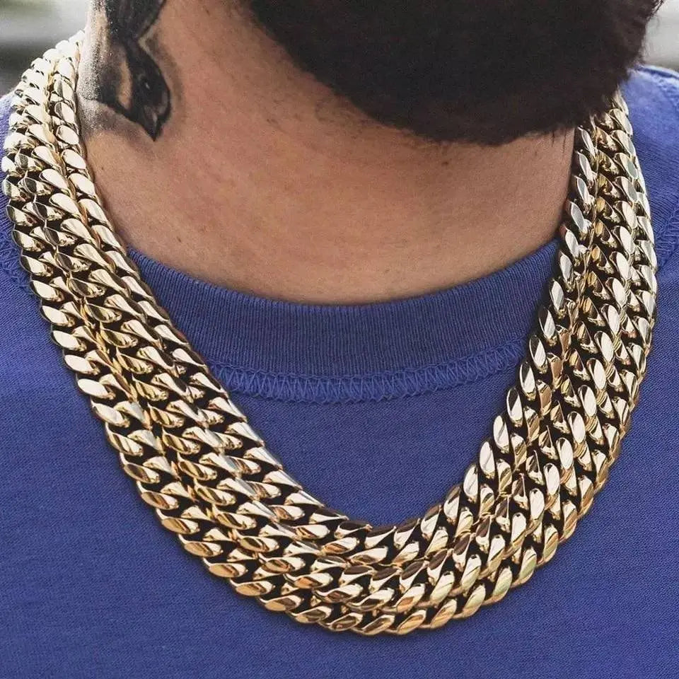 Miami Cuban Link Chain 14K REAL Gold Plated Hypoallergenic Hip Hop Jewelry Premium Stainless Steel Necklace For Men Women JettsJewelers