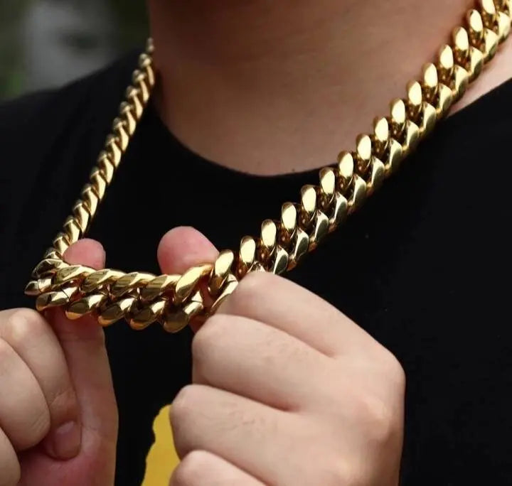 Miami Cuban Link Chain 14K REAL Gold Plated Hypoallergenic Hip Hop Jewelry Premium Stainless Steel Necklace For Men Women JettsJewelers
