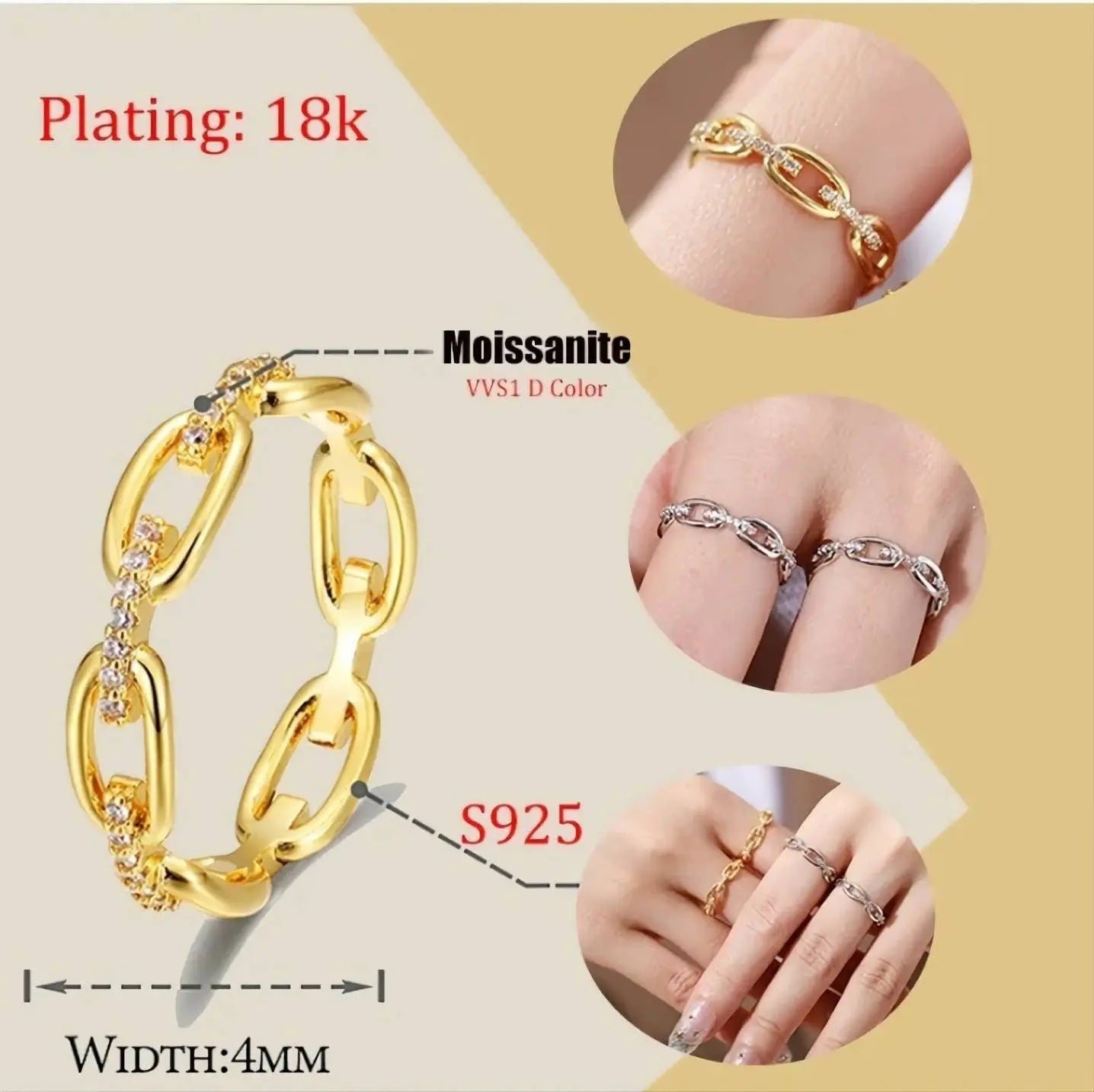 Moissanite Band  Chain Link Wedding Ring S925 Sterling Silver Moissanite Rings Twist Link Ring D Color VVS1 Lab Created Diamond Ring JettsJewelers