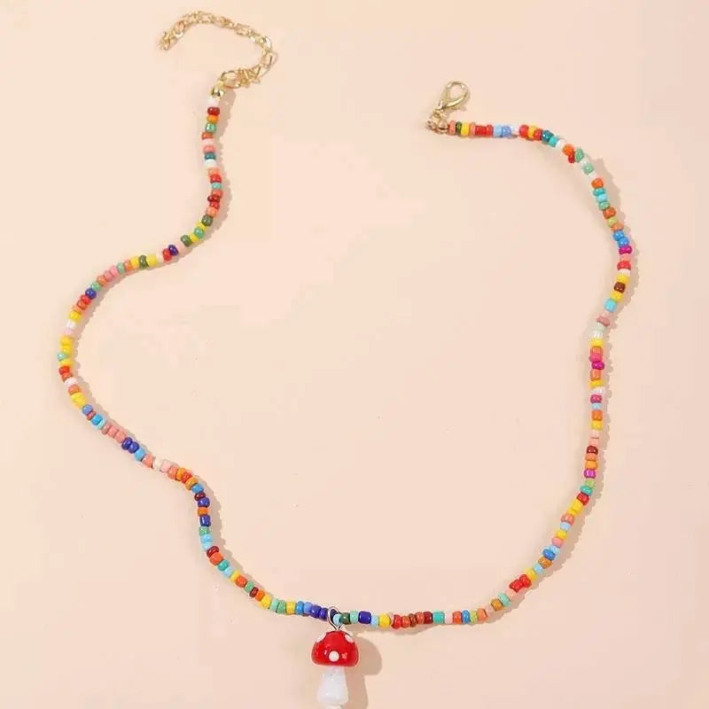 Mushroom Necklace Set for Women Men Girls, Bohemian Beach Mushroom Color Bead Mushroom Necklace Jewelry - JettsJewelers