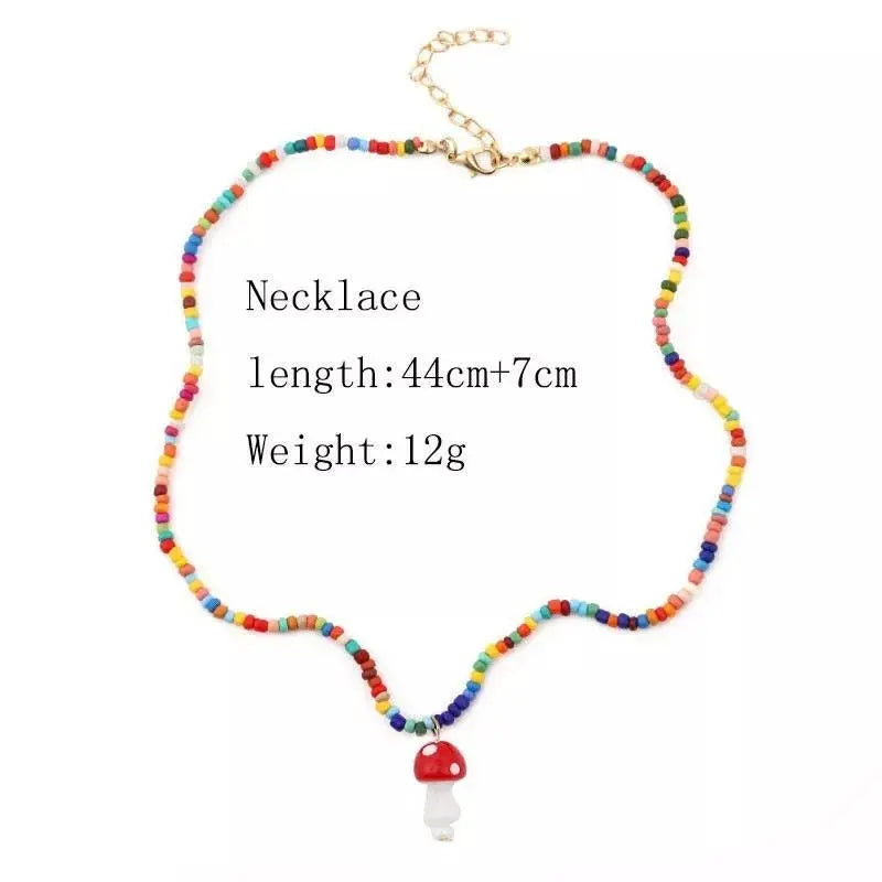 Mushroom Necklace Set for Women Men Girls, Bohemian Beach Mushroom Color Bead Mushroom Necklace Jewelry - JettsJewelers