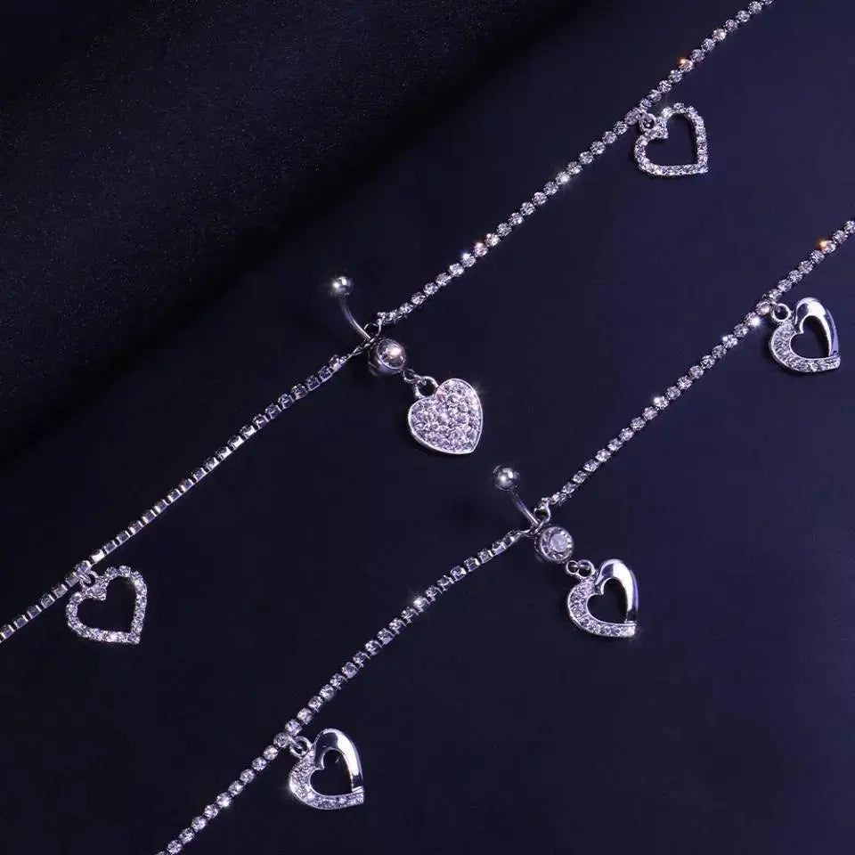 Navel Piercing Heart Waist Chain Rhinestone Belly Chains Belt Summer Beach Costume Crystal Body Jewelry for Women and Girls Silver Gold - JettsJewelers