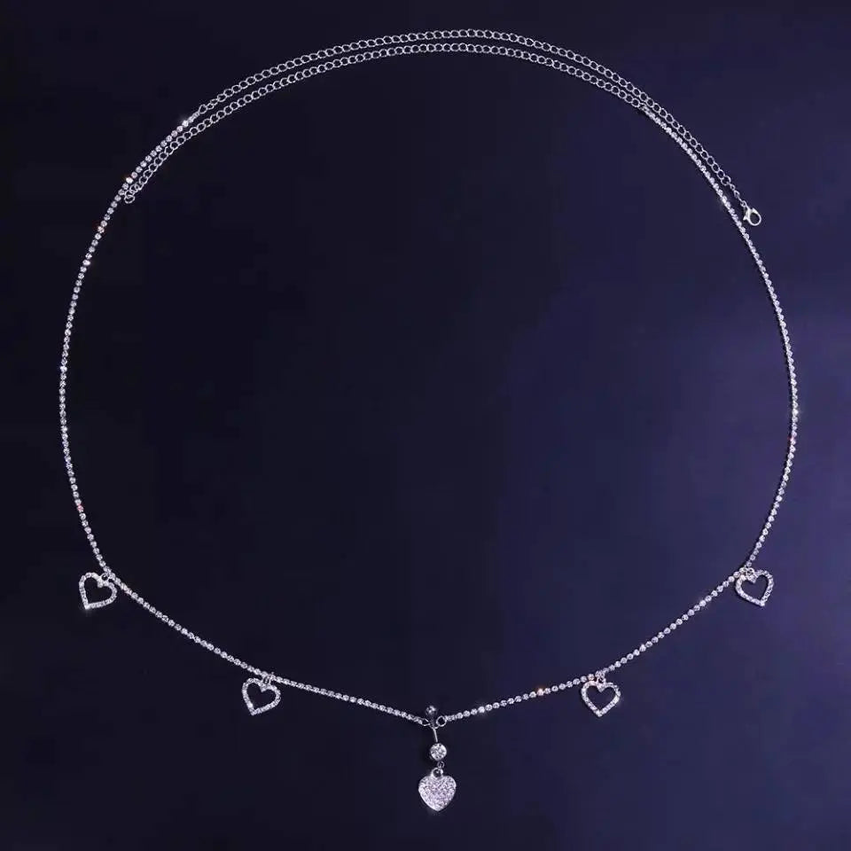 Navel Piercing Heart Waist Chain Rhinestone Belly Chains Belt Summer Beach Costume Crystal Body Jewelry for Women and Girls Silver Gold - JettsJewelers