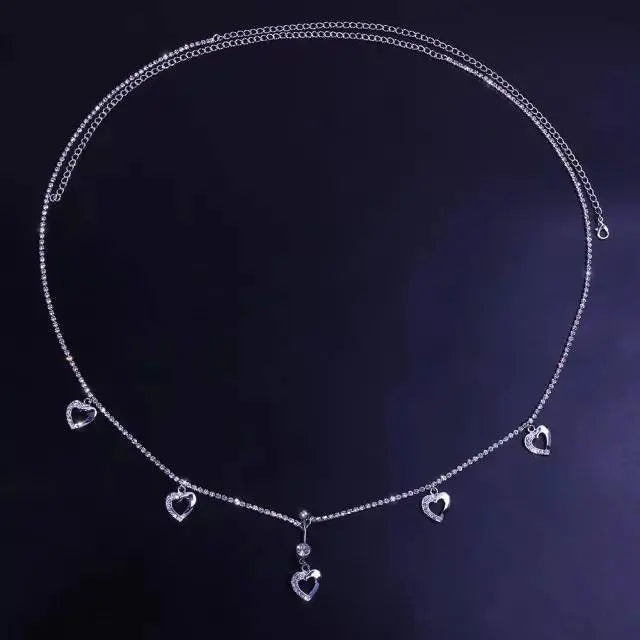 Navel Piercing Heart Waist Chain Rhinestone Belly Chains Belt Summer Beach Costume Crystal Body Jewelry for Women and Girls Silver Gold JettsJewelers
