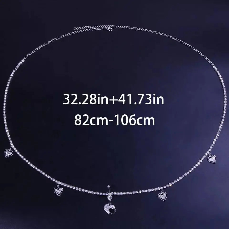 Navel Piercing Heart Waist Chain Rhinestone Belly Chains Belt Summer Beach Costume Crystal Body Jewelry for Women and Girls Silver