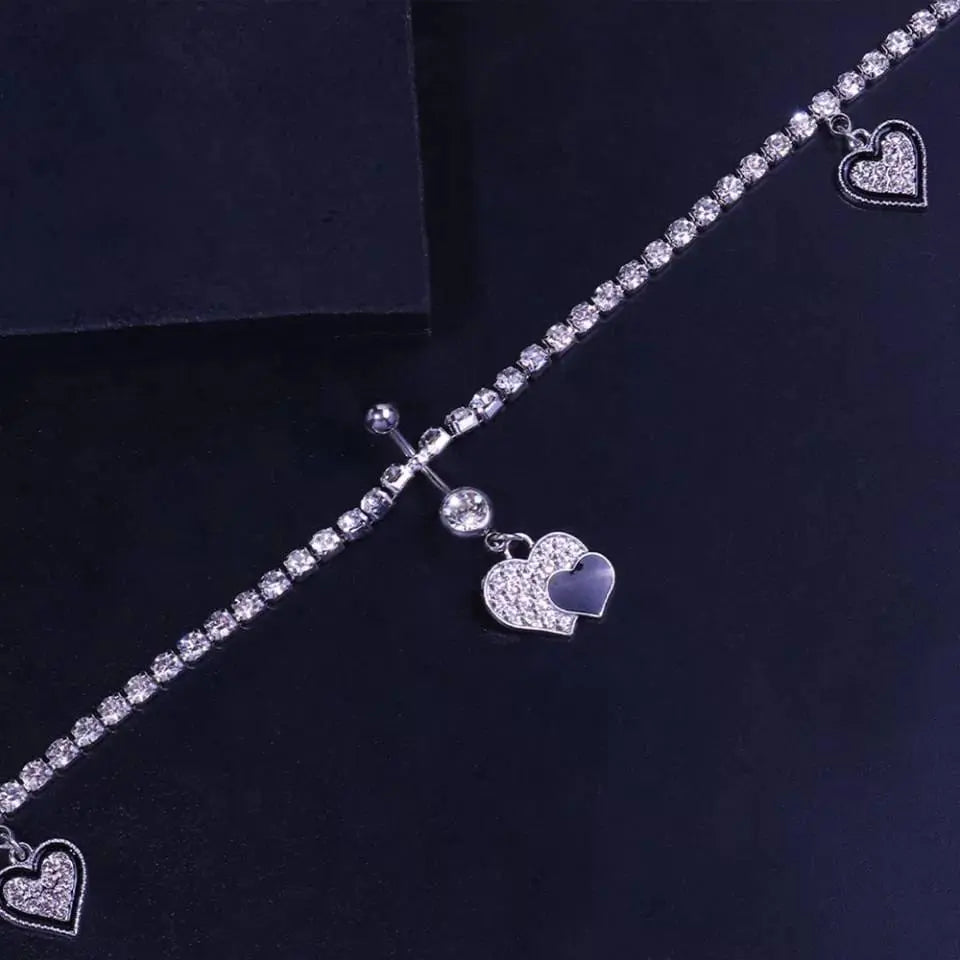 Navel Piercing Heart Waist Chain Rhinestone Belly Chains Belt Summer Beach Costume Crystal Body Jewelry for Women and Girls Silver