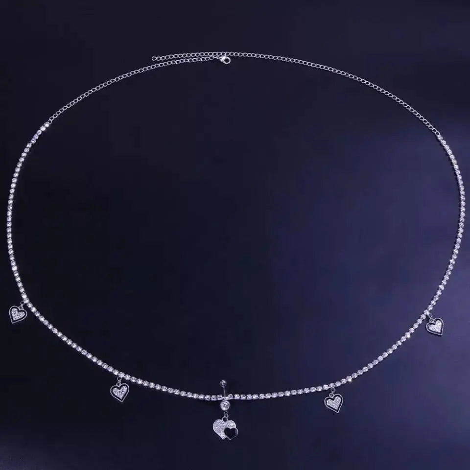 Navel Piercing Heart Waist Chain Rhinestone Belly Chains Belt Summer Beach Costume Crystal Body Jewelry for Women and Girls Silver
