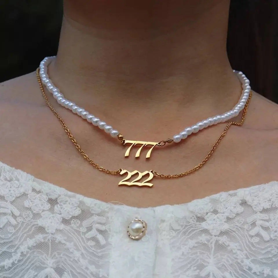 Pearl Angel Number Necklace 111 222 333 444 555 666 777 888 999 Necklace Silver Old English Gold Number Necklace Stainless Steel Numerology JettsJewelers