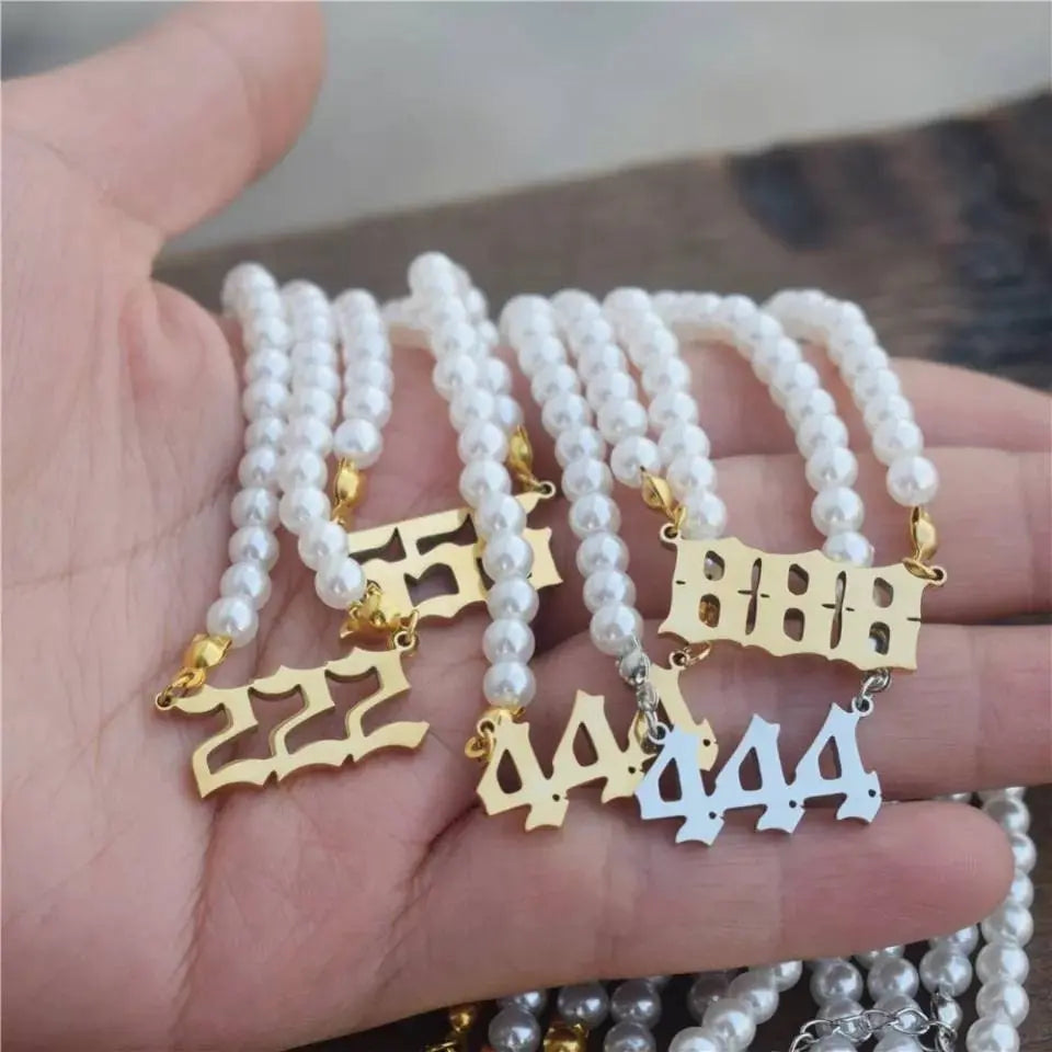 Pearl Angel Number Necklace 111 222 333 444 555 666 777 888 999 Necklace Silver Old English Gold Number Necklace Stainless Steel Numerology JettsJewelers
