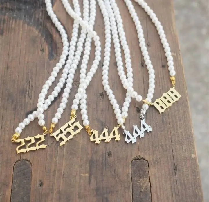 Pearl Angel Number Necklace 111 222 333 444 555 666 777 888 999 Necklace Silver Old English Gold Number Necklace Stainless Steel Numerology JettsJewelers