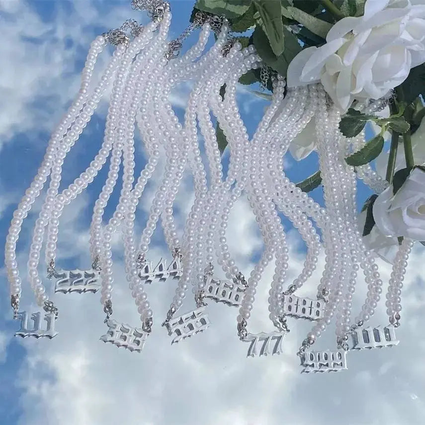 Pearl Angel Number Necklace 111 222 333 444 555 666 777 888 999 Necklace Silver Old English Gold Number Necklace Stainless Steel Numerology JettsJewelers