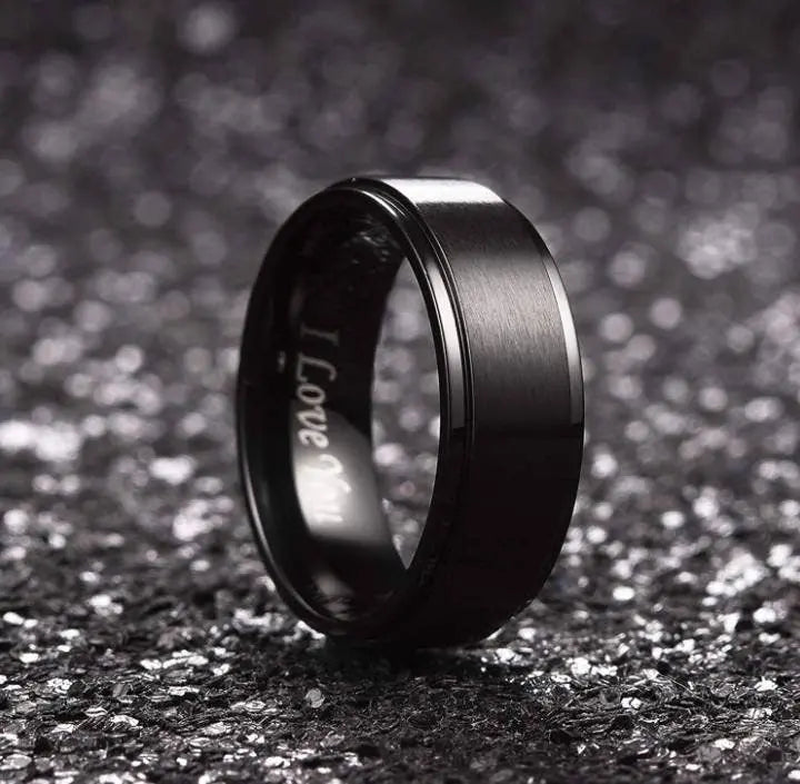 Personalized Men 8mm Black Silver Matte Brushed Stainless Steel Ring Stepped Beveled Edge Polished Laser Etched I Love You