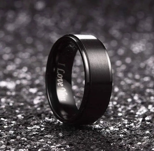 Personalized Men 8mm Black Silver Matte Brushed Stainless Steel Ring Stepped Beveled Edge Polished Laser Etched I Love You