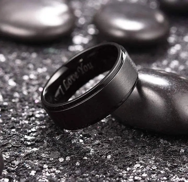 Personalized Men 8mm Black Silver Matte Brushed Stainless Steel Ring Stepped Beveled Edge Polished Laser Etched I Love You