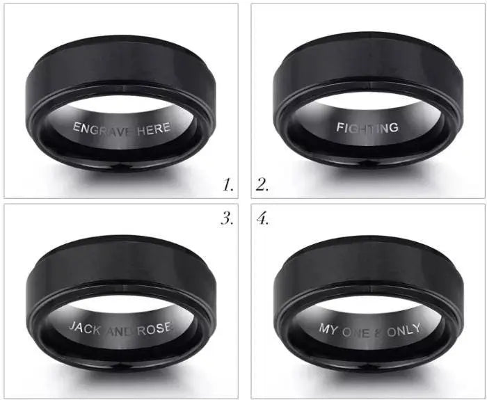 Personalized Men 8mm Black Silver Matte Brushed Stainless Steel Ring Stepped Beveled Edge Polished Laser Etched I Love You