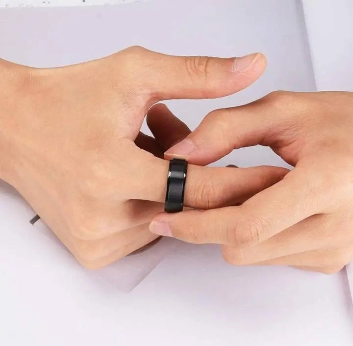Personalized Men 8mm Black Silver Matte Brushed Stainless Steel Ring Stepped Beveled Edge Polished Laser Etched I Love You