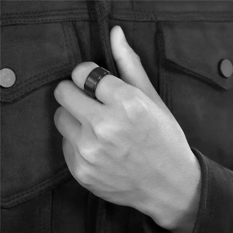 Personalized Men 8mm Black Silver Matte Brushed Stainless Steel Ring Stepped Beveled Edge Polished Laser Etched I Love You