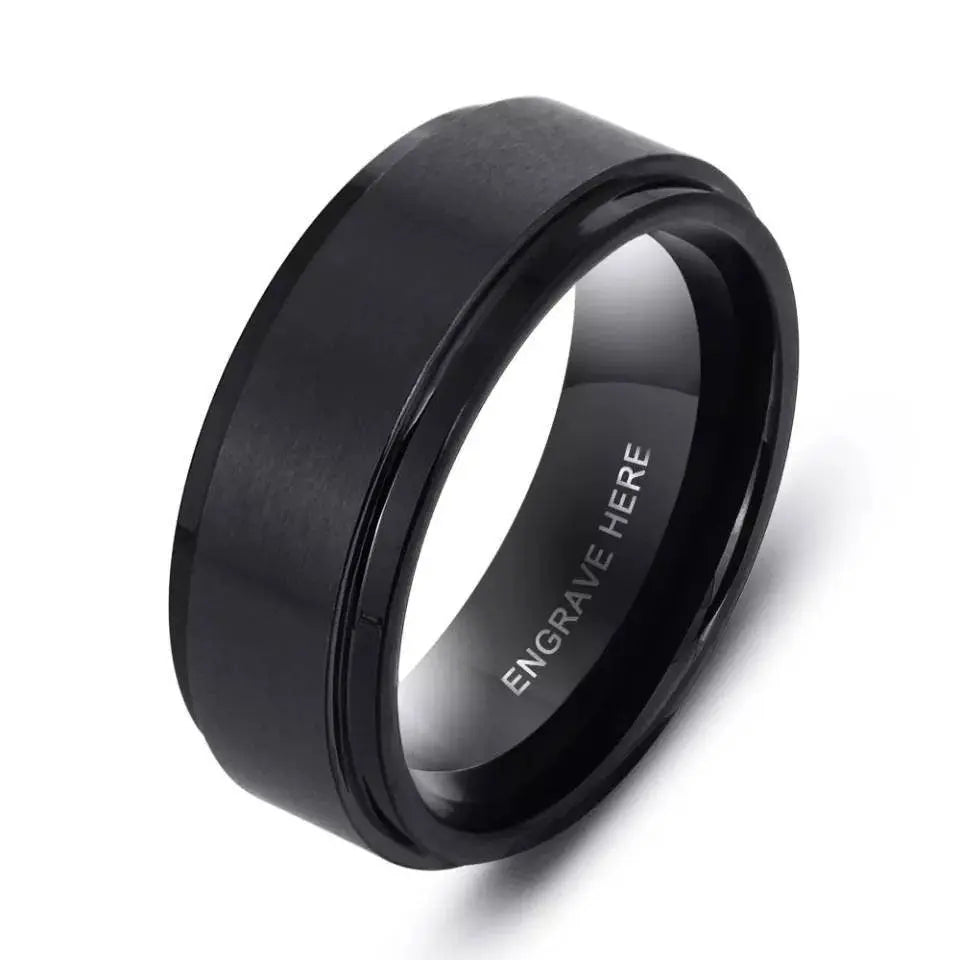 Personalized Men 8mm Black Silver Matte Brushed Stainless Steel Ring Stepped Beveled Edge Polished Laser Etched I Love You