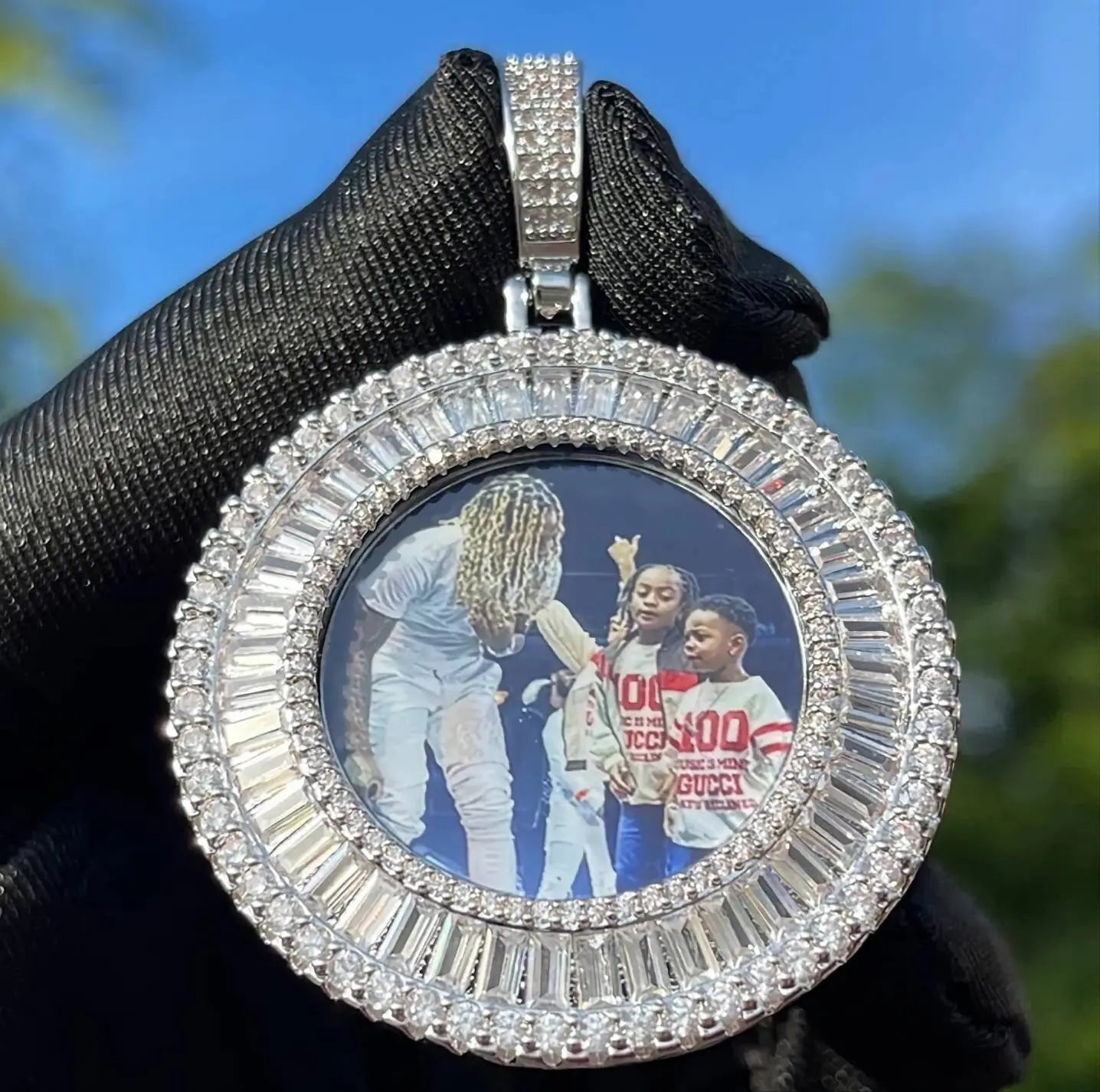 Picture Bling Necklace Personalized for Men Women, 18K Gold/Platinum Plated/Black AAA CZ Medallion Customized Photo Memory Pendant JettsJewelers