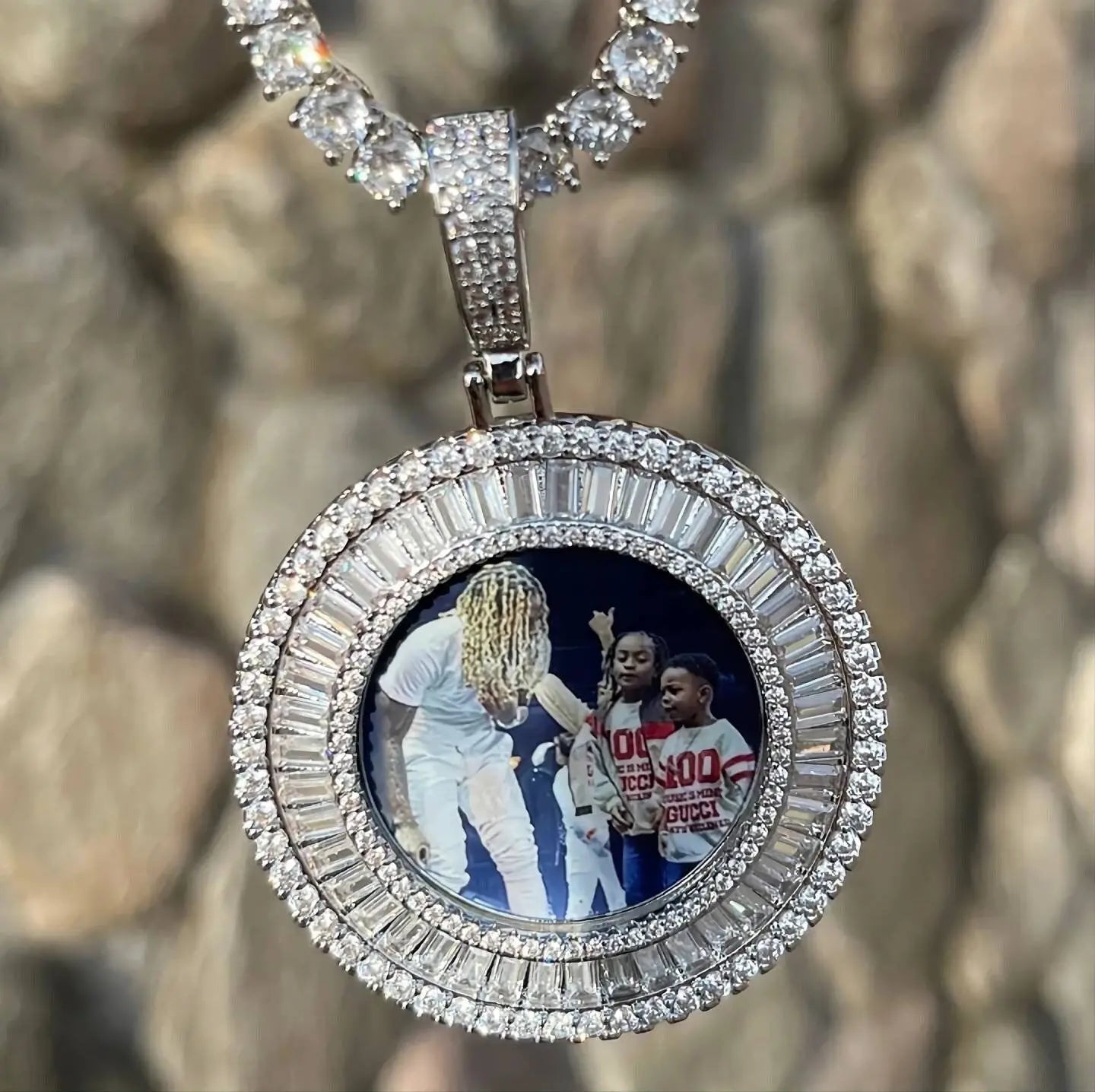 Picture Bling Necklace Personalized for Men Women, 18K Gold/Platinum Plated/Black AAA CZ Medallion Customized Photo Memory Pendant JettsJewelers