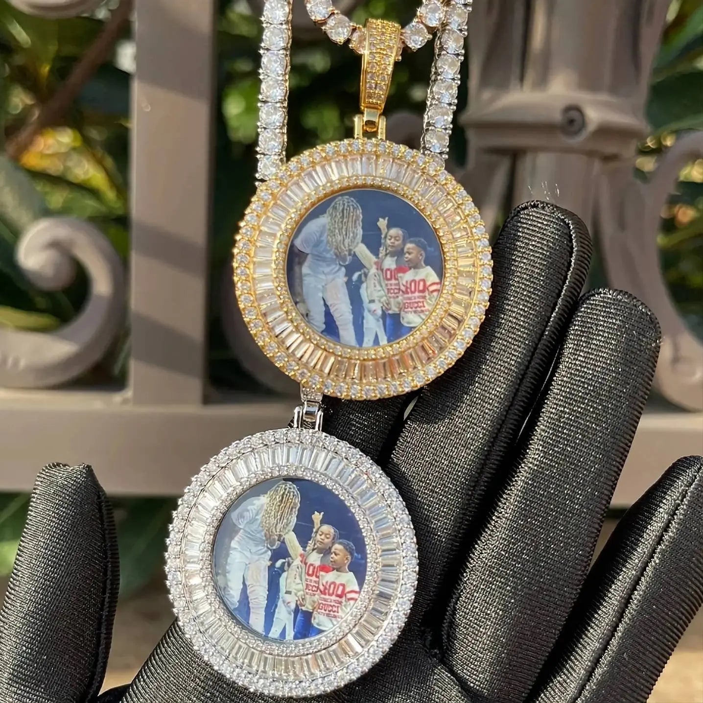 Picture Bling Necklace Personalized for Men Women, 18K Gold/Platinum Plated/Black AAA CZ Medallion Customized Photo Memory Pendant JettsJewelers