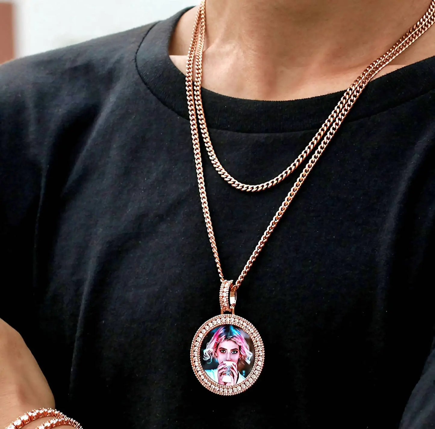 Picture Necklace with Engraving Personalized for Men Women, 18K Gold/Platinum Plated AAA CZ Medallion Customized Photo Memory Pendant JettsJewelers