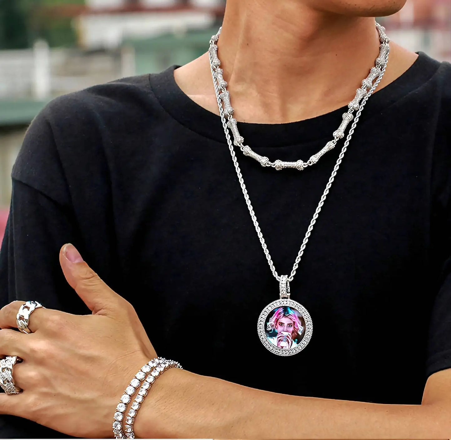 Picture Necklace with Engraving Personalized for Men Women, 18K Gold/Platinum Plated AAA CZ Medallion Customized Photo Memory Pendant JettsJewelers