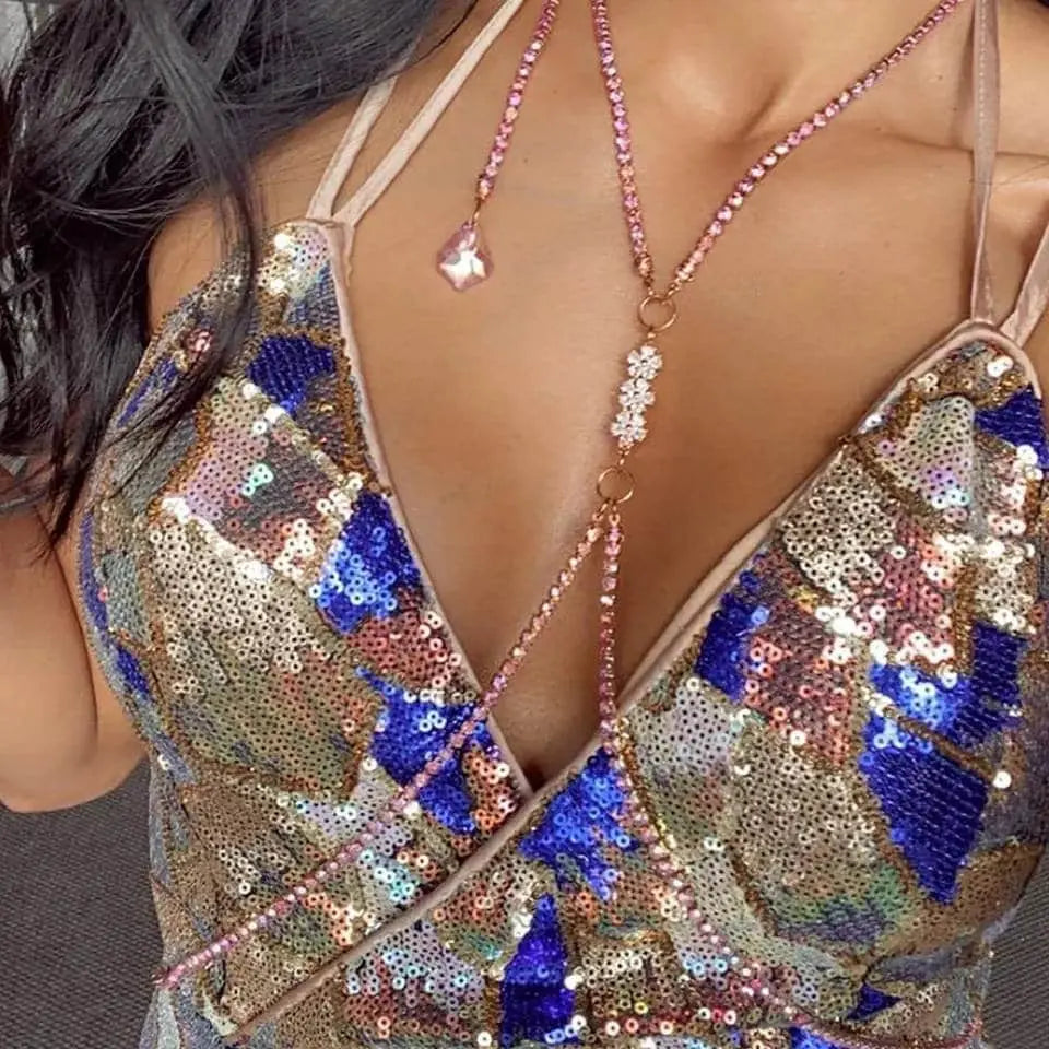 Pink Rhinestones Body Harness Chain for Women Bohemian Tassels Shoulder Chain Necklace Jewelry for Party Wedding Summer Beach JettsJewelers