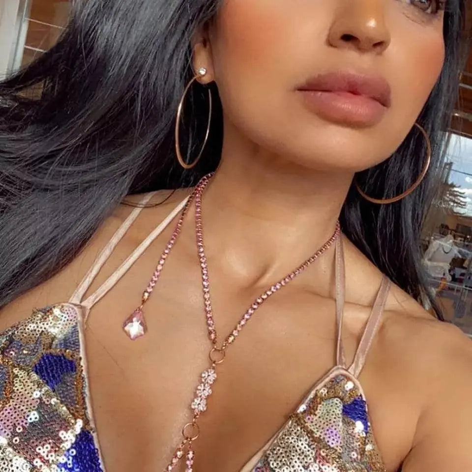 Pink Rhinestones Body Harness Chain for Women Bohemian Tassels Shoulder Chain Necklace Jewelry for Party Wedding Summer Beach JettsJewelers