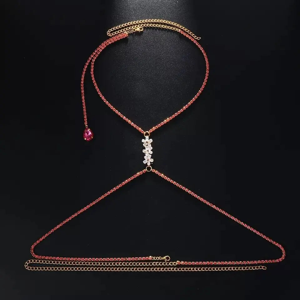 Pink Rhinestones Body Harness Chain for Women Bohemian Tassels Shoulder Chain Necklace Jewelry for Party Wedding Summer Beach JettsJewelers