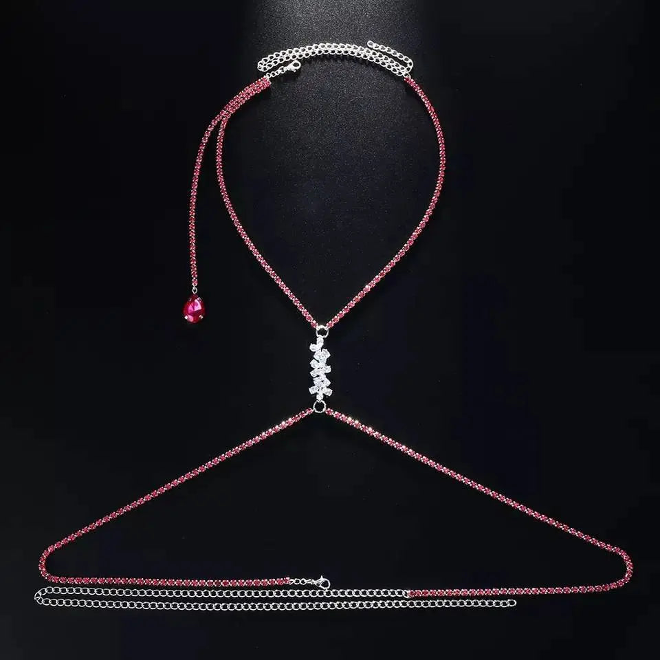 Pink Rhinestones Body Harness Chain for Women Bohemian Tassels Shoulder Chain Necklace Jewelry for Party Wedding Summer Beach JettsJewelers