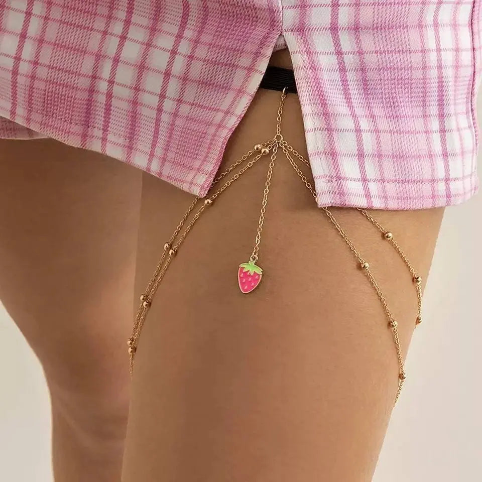 Pink Strawberry Pendant Chain Leg Chain Gold for Women Thigh Chain For Girls Gold Pendant Boho Body Chain for Beach Summer Holiday JettsJewelers
