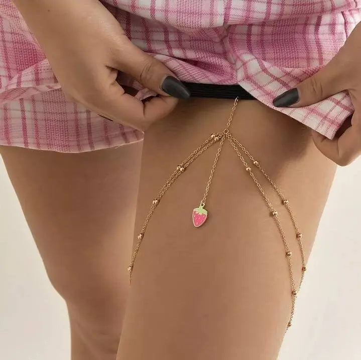 Pink Strawberry Pendant Chain Leg Chain Gold for Women Thigh Chain For Girls Gold Pendant Boho Body Chain for Beach Summer Holiday JettsJewelers