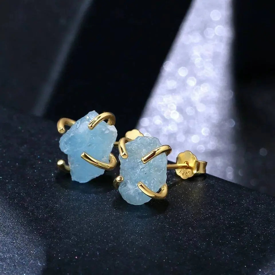 Raw Aquamarine Prong Stud Earrings- Genuine Aquamarine Gemstones- Women's Jewelry- March Birthstone Birthday Gift Idea-Graduation JettsJewelers