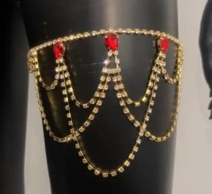 Red Rhinestone Thigh Chain Elastic Leg Chain Thigh Belt Crystal Silver Multi-layer Leg Chain Bracelet Leg Jewelry for Women Nightclub Gold - JettsJewelers