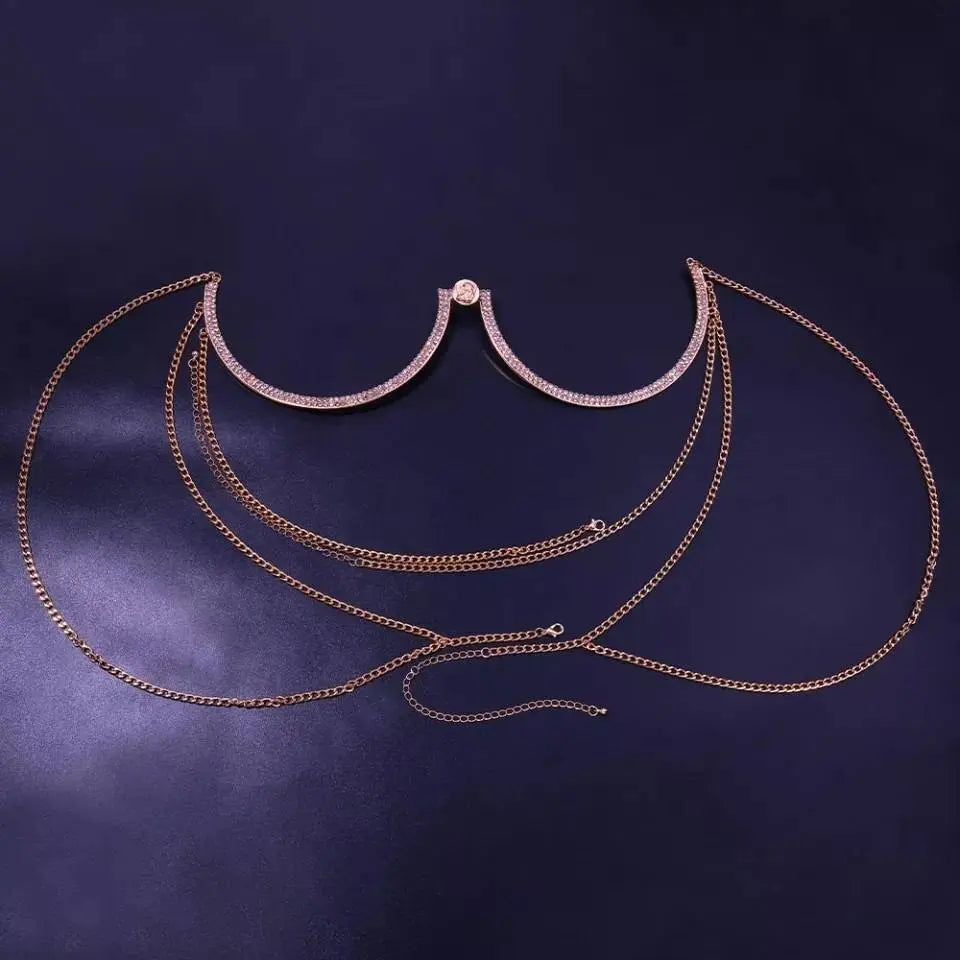 Rhinestone Bra Body Chain Sexy Bikini Silver Beauty Coin Crystal Chest Bracket Bras Chain Nightclub and Partying Body Jewelry for Women