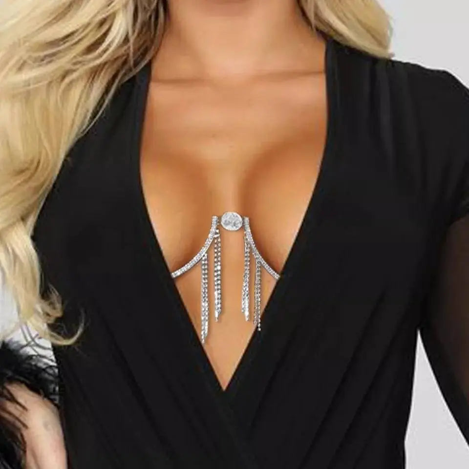 Rhinestone Bra Body Chain Sexy Bikini Silver Gold Beauty Coin Tassel Chest Bracket Bras Chain Nightclub and Partying Body Jewelry for Women JettsJewelers