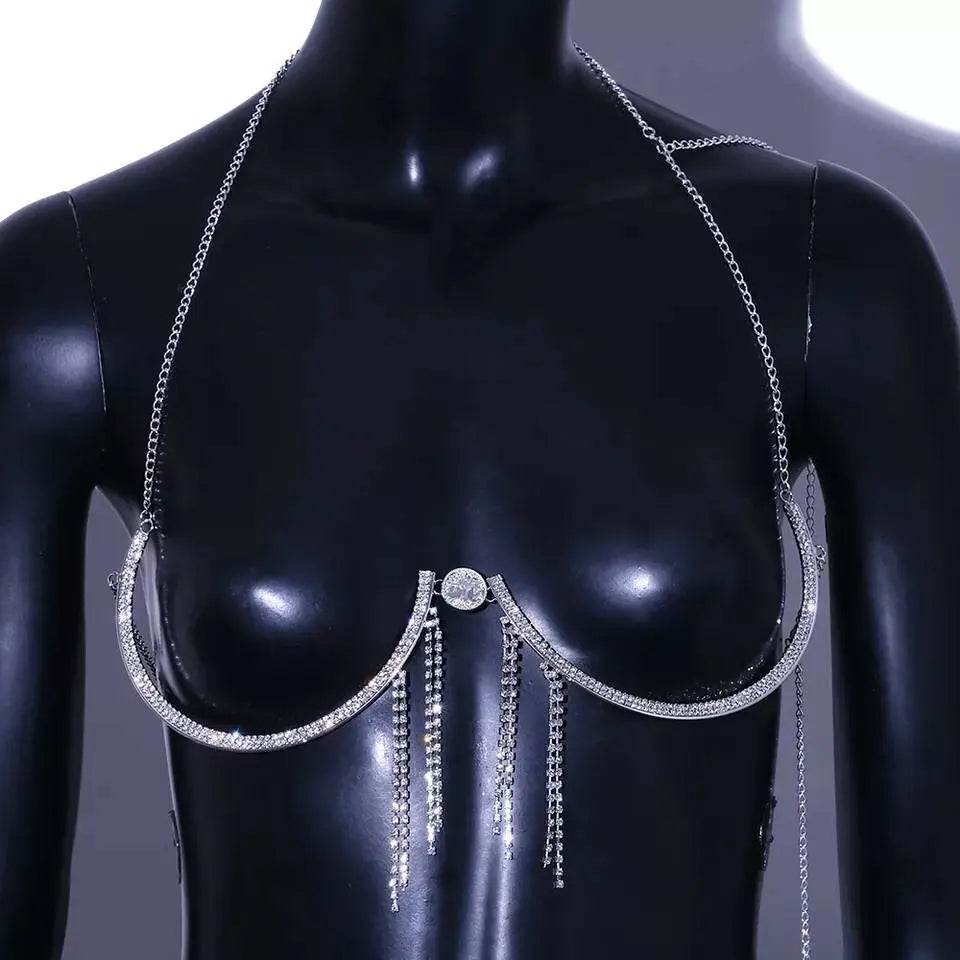 Rhinestone Bra Body Chain Sexy Bikini Silver Gold Beauty Coin Tassel Chest Bracket Bras Chain Nightclub and Partying Body Jewelry for Women JettsJewelers