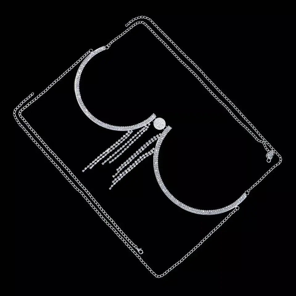 Rhinestone Bra Body Chain Sexy Bikini Silver Gold Beauty Coin Tassel Chest Bracket Bras Chain Nightclub and Partying Body Jewelry for Women JettsJewelers