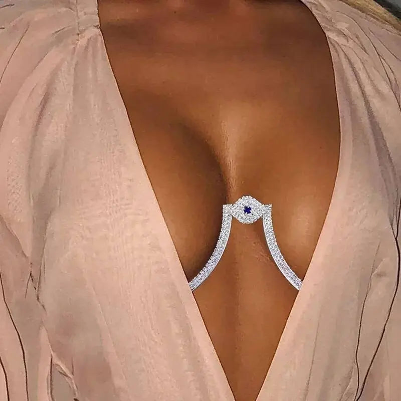Rhinestone Bra Body Chain Sexy Bikini Silver Gold Beauty Evil Eye Chest Bracket Bras Chain Nightclub and Partying Body Jewelry for Women JettsJewelers