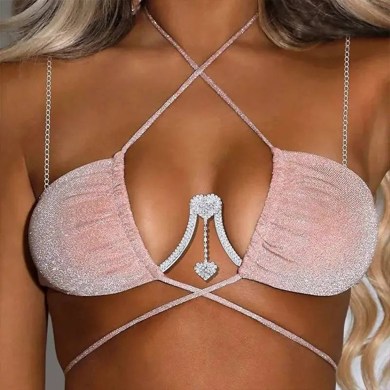 Rhinestone Bra Body Chain Sexy Bikini Silver Gold Beauty Two Hearts Chest Bracket Bras Chain and Partying Body Jewelry for Women JettsJewelers