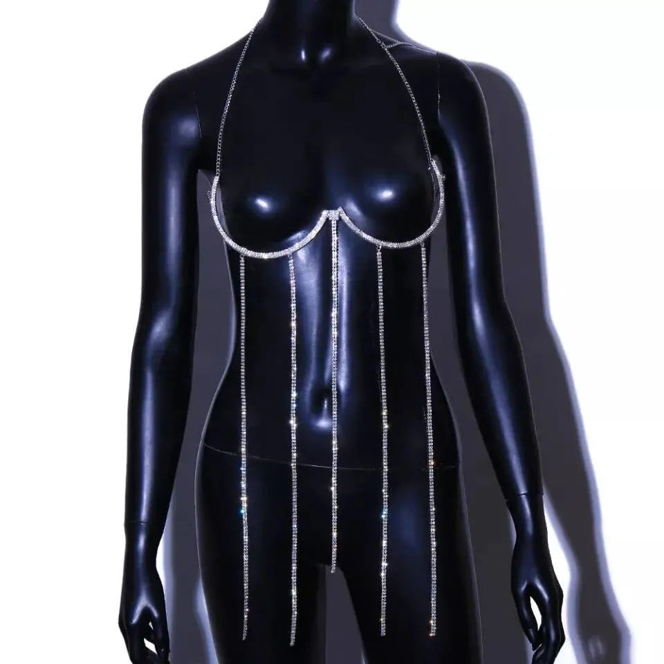 Rhinestone Bra Body Tassel Chain Sexy Bikini Silver Gold Beauty Chest Bracket Bras Chain Nightclub and Partying Body Jewelry for Women JettsJewelers