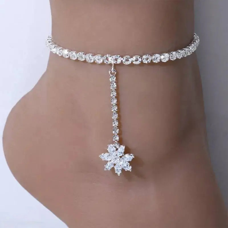 Rhinestone Flower Tail Anklet Foot Jewelry for Women Beach Barefoot Chain Bracelet On the Leg Accessories Gift JettsJewelers
