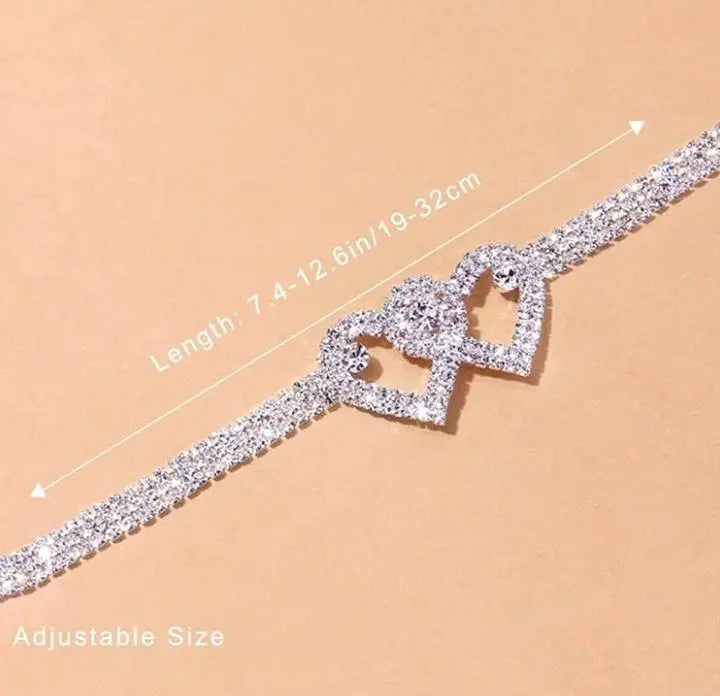 Rhinestone Heart Ankle Bracelets for Women Girls, Crystal Tennis Anklet Bracelet Multi-Row Love Ankle Foot Jewelry Hip Hop Party Gifts - JettsJewelers