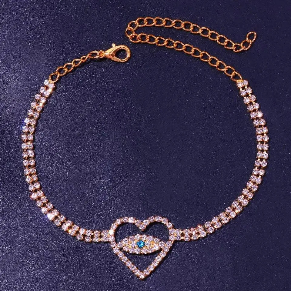 Rhinestone Heart Evil Eye Anklet Bracelet for Women Bending Crystal Anklet Leg Bracelet Foot Chain Jewelry - JettsJewelers
