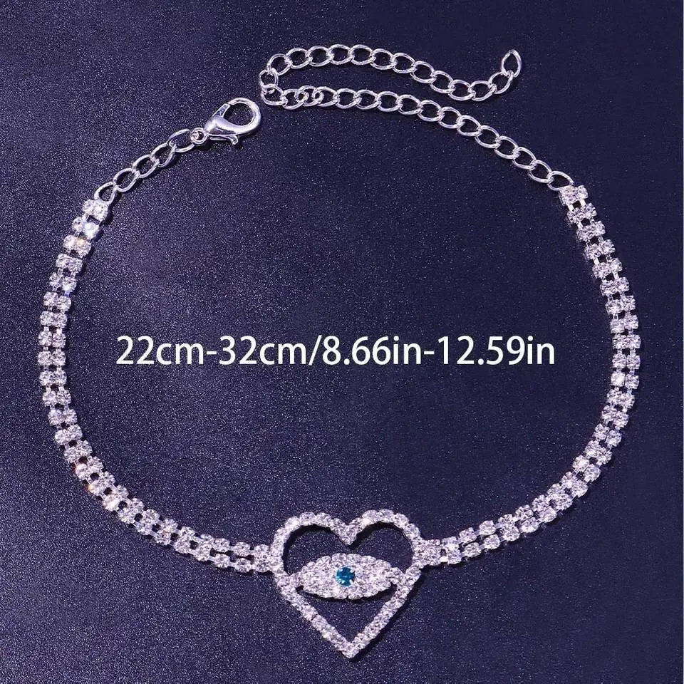Rhinestone Heart Evil Eye Anklet Bracelet for Women Bending Crystal Anklet Leg Bracelet Foot Chain Jewelry - JettsJewelers