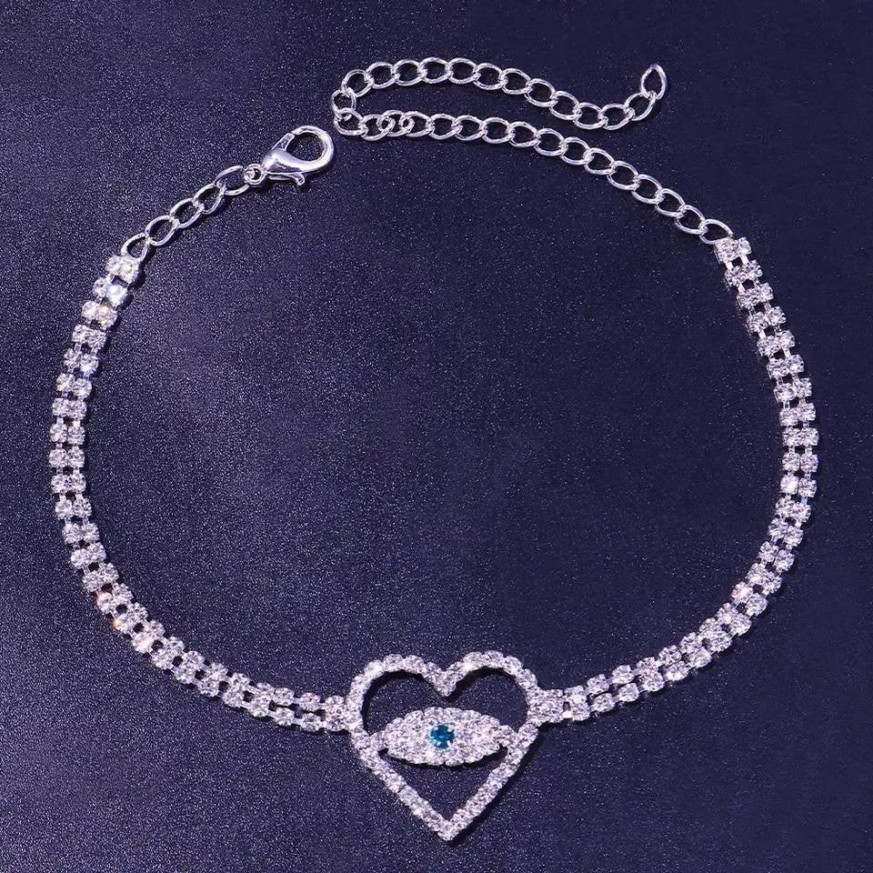Rhinestone Heart Evil Eye Anklet Bracelet for Women Bending Crystal Anklet Leg Bracelet Foot Chain Jewelry - JettsJewelers